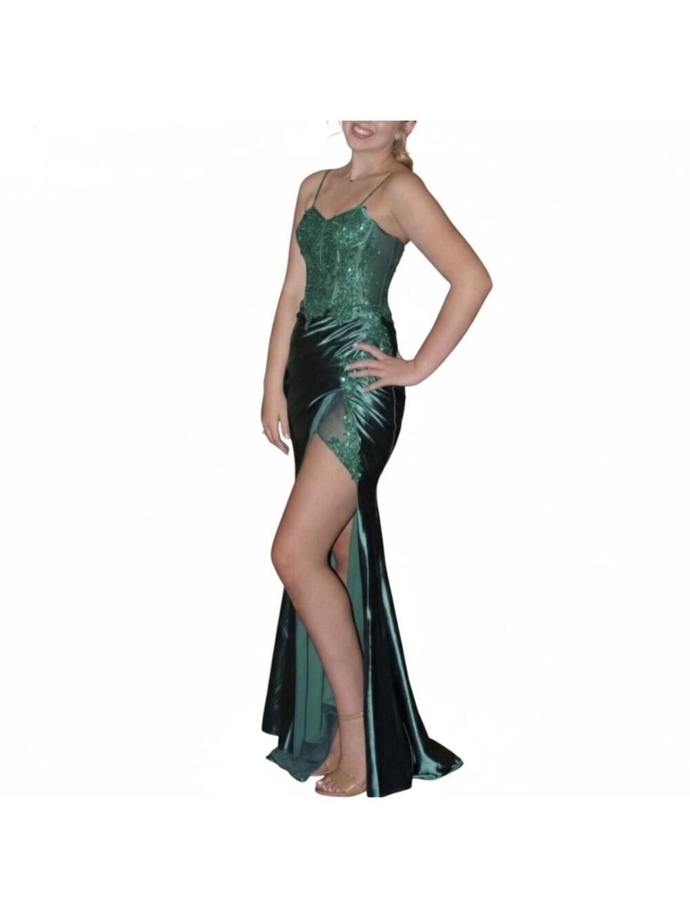 Of Seventy Emerald Satin Corset Gown Sequin Floral Prom Dress NWT
